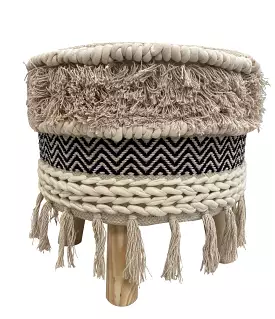 16 Beige And Black Cotton And Natural Round Chevron Ottoman