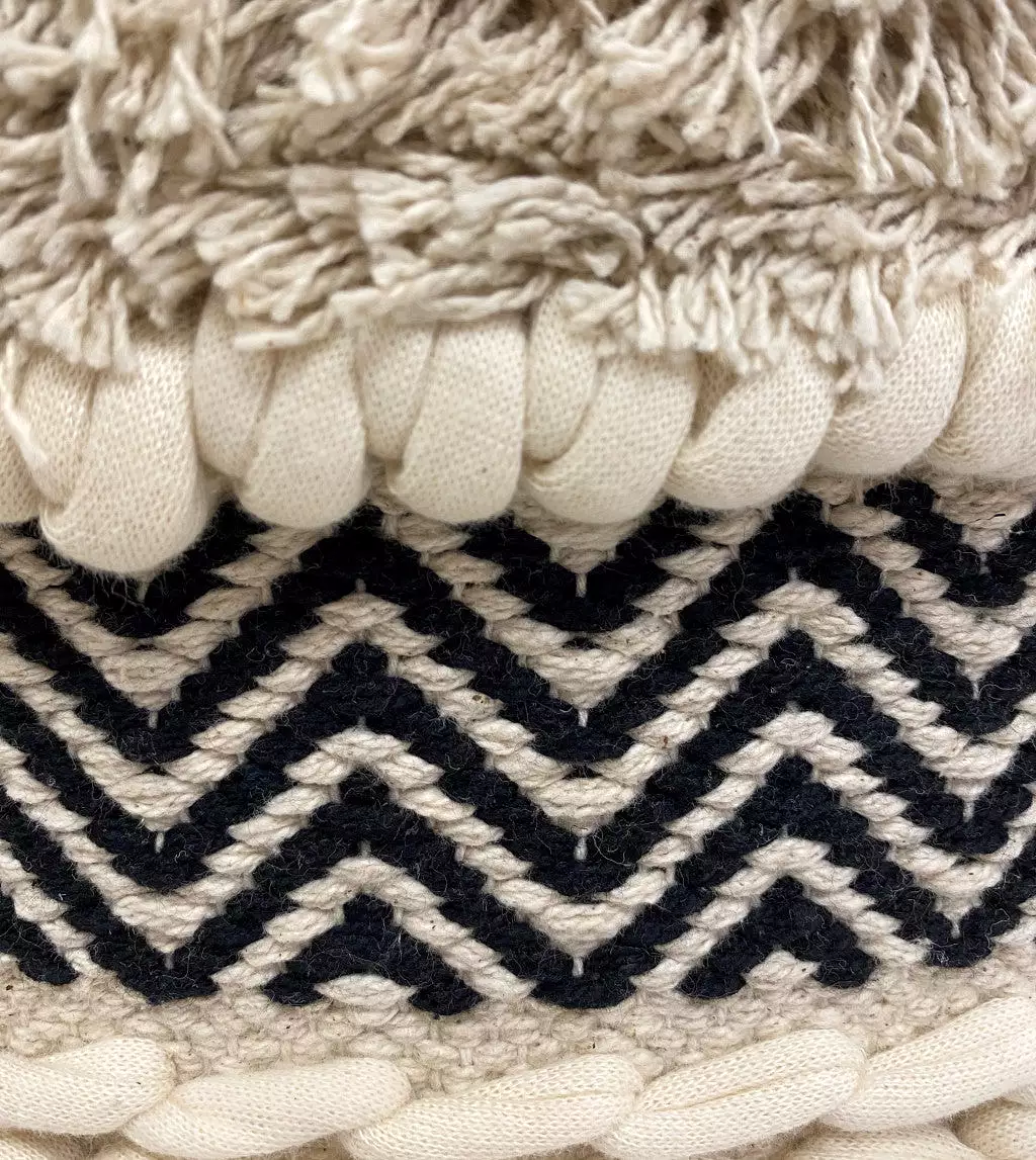 16 Beige And Black Cotton And Natural Round Chevron Ottoman