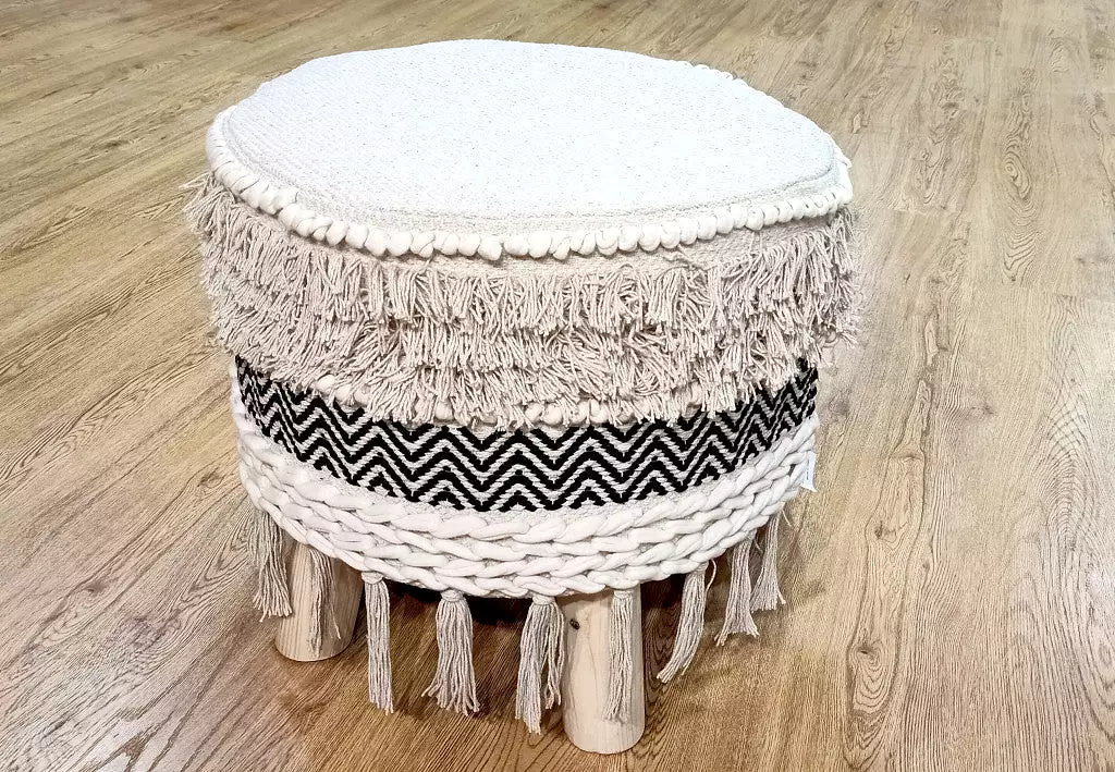 16 Beige And Black Cotton And Natural Round Chevron Ottoman