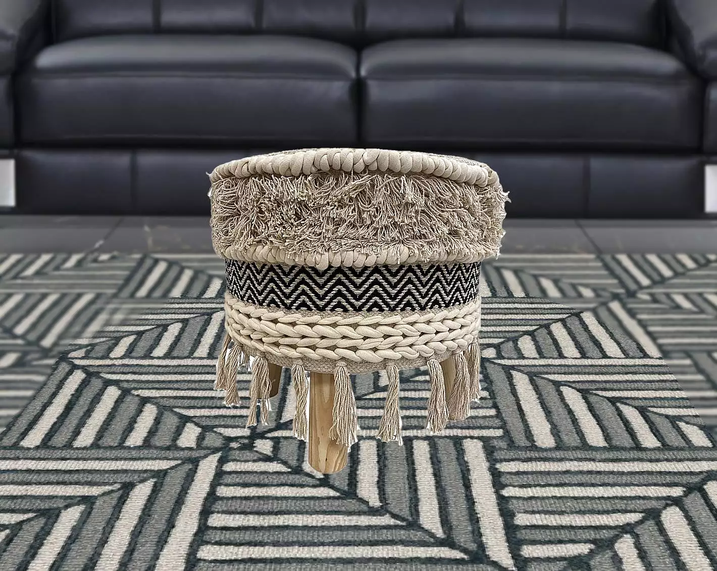 16 Beige And Black Cotton And Natural Round Chevron Ottoman