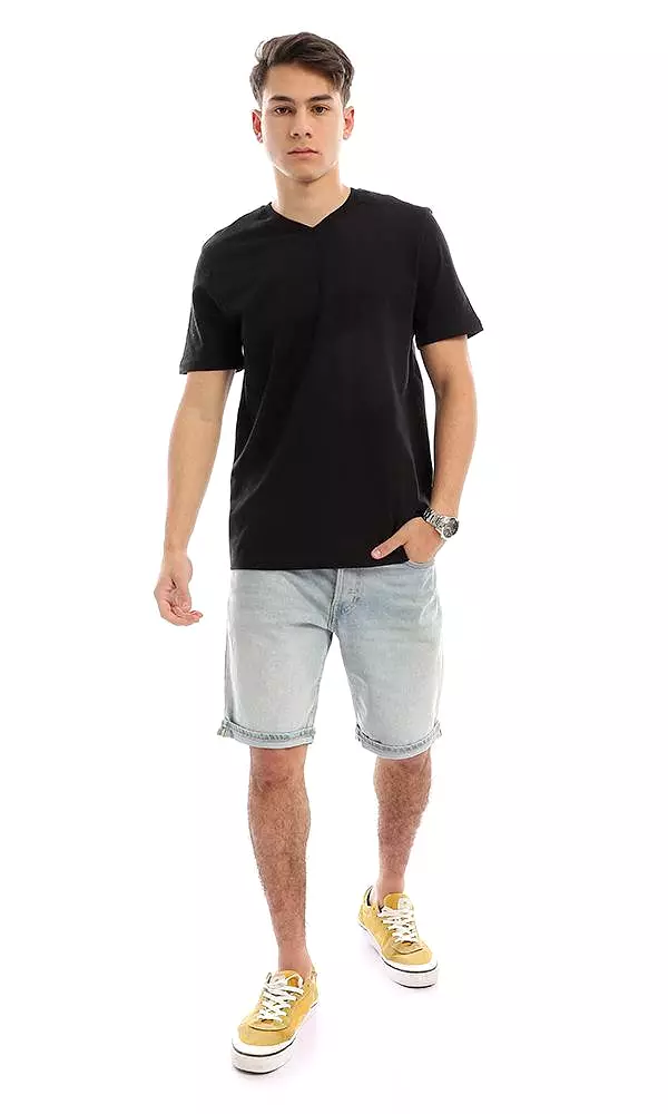 94604 Black Cotton V-Neck Slip On Summer Tee