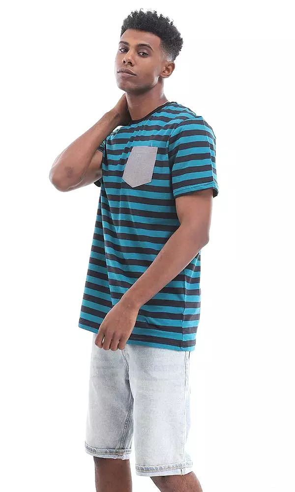 94976 Side Pocket Striped Teal Blue & Black Cotton T-Shirt