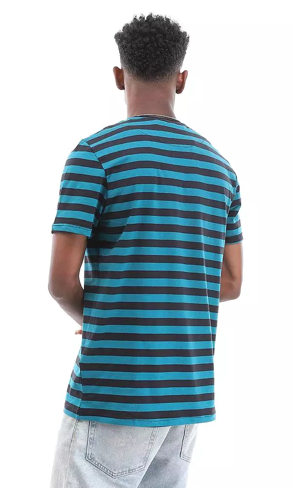 94976 Side Pocket Striped Teal Blue & Black Cotton T-Shirt