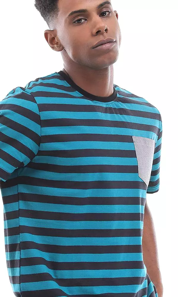 94976 Side Pocket Striped Teal Blue & Black Cotton T-Shirt