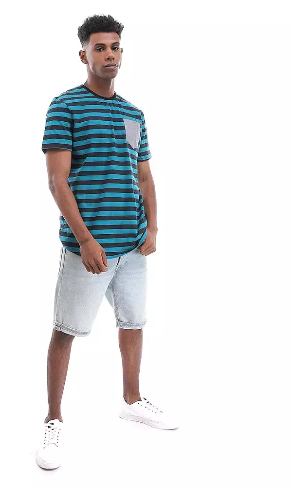 94976 Side Pocket Striped Teal Blue & Black Cotton T-Shirt