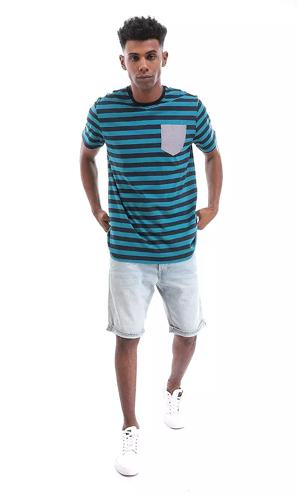 94976 Side Pocket Striped Teal Blue & Black Cotton T-Shirt