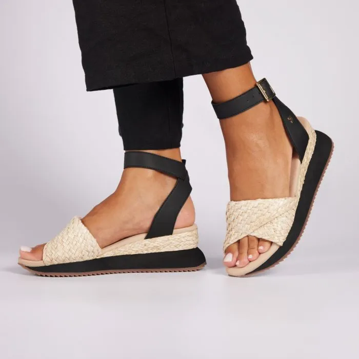 BEIGE AND BLACK SPORTS SANDALS WITH WEDGE FOR WOMEN MEHAMA