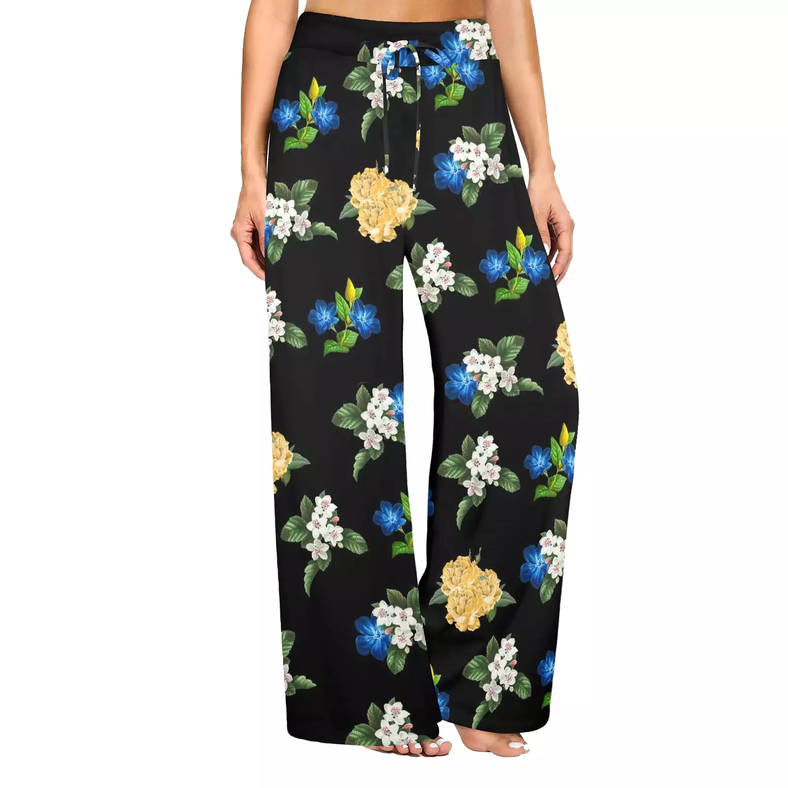 black back med size blue gold white floral print Women's Wide Leg Lounge Pants (Model L77)