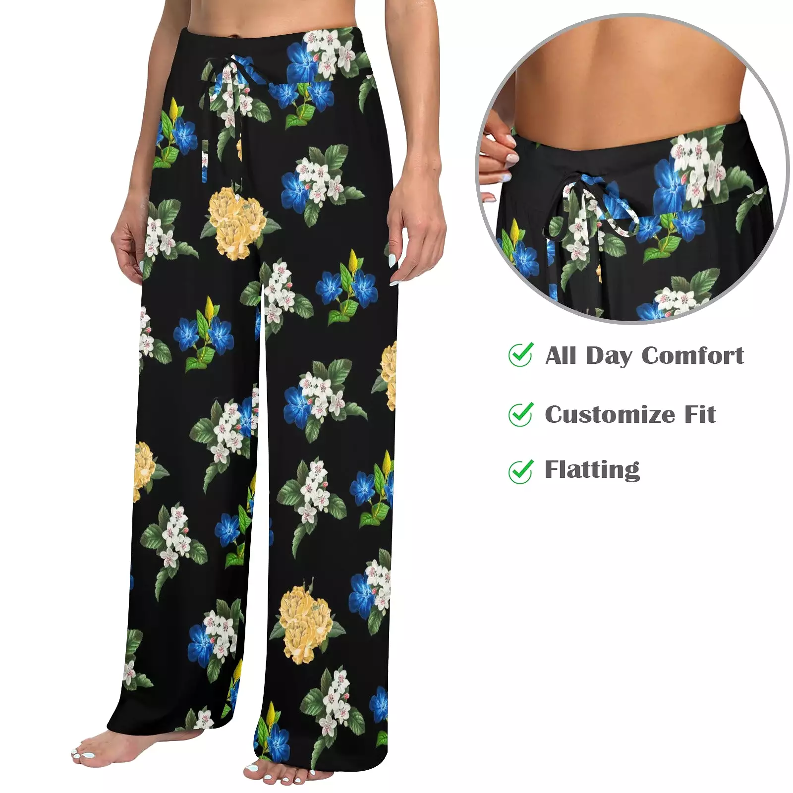 black back med size blue gold white floral print Women's Wide Leg Lounge Pants (Model L77)