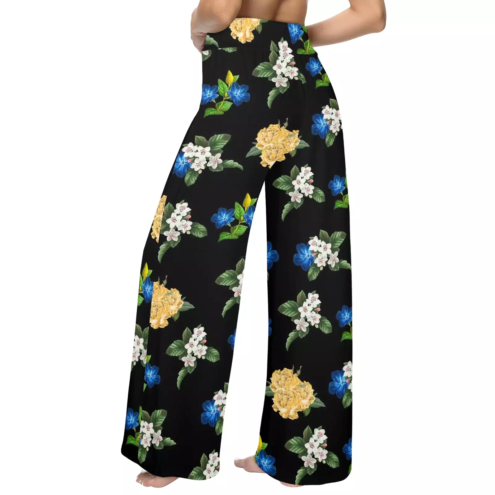 black back med size blue gold white floral print Women's Wide Leg Lounge Pants (Model L77)