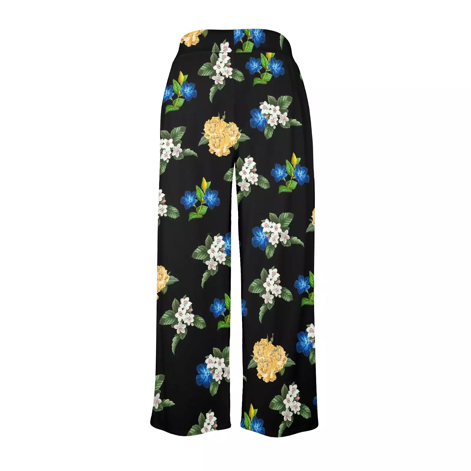 black back med size blue gold white floral print Women's Wide Leg Lounge Pants (Model L77)