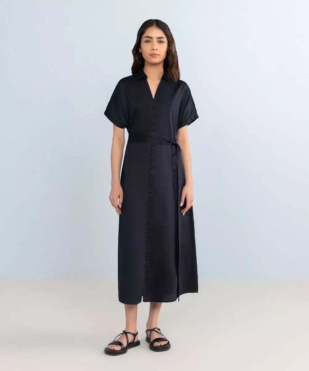 Black Cotton Dress With Belt