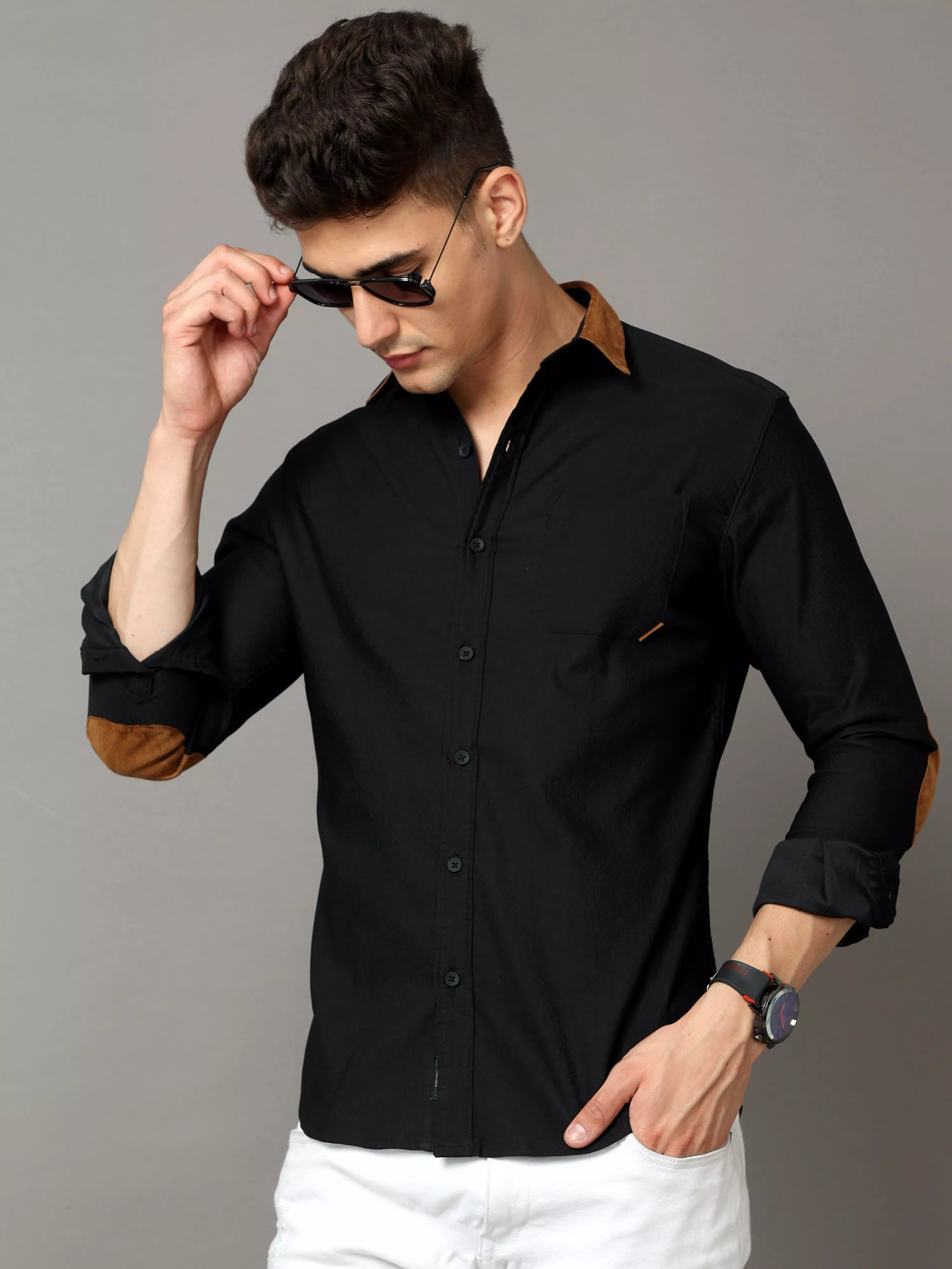 black cotton self stripe corduroy with leather constrast shirt