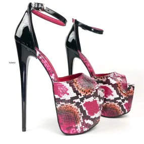 Black Gloss Pink Snake Print Detail Heels