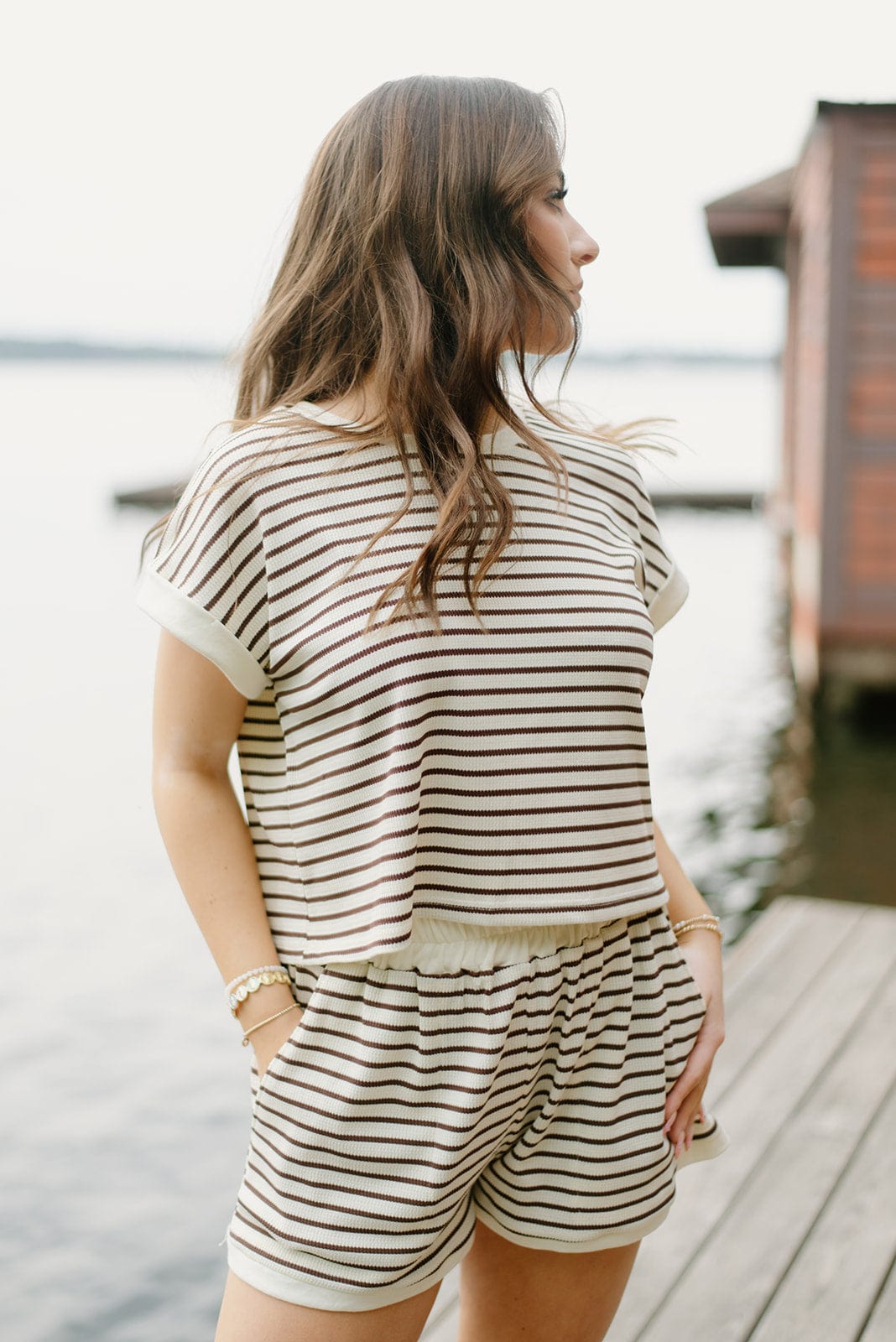 Brown Striped Lounge Set Shorts