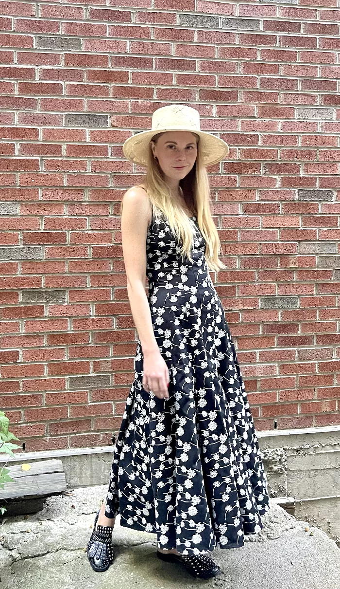 Cami dress in Black Cotton with Embroidered Queen Anne's Lace