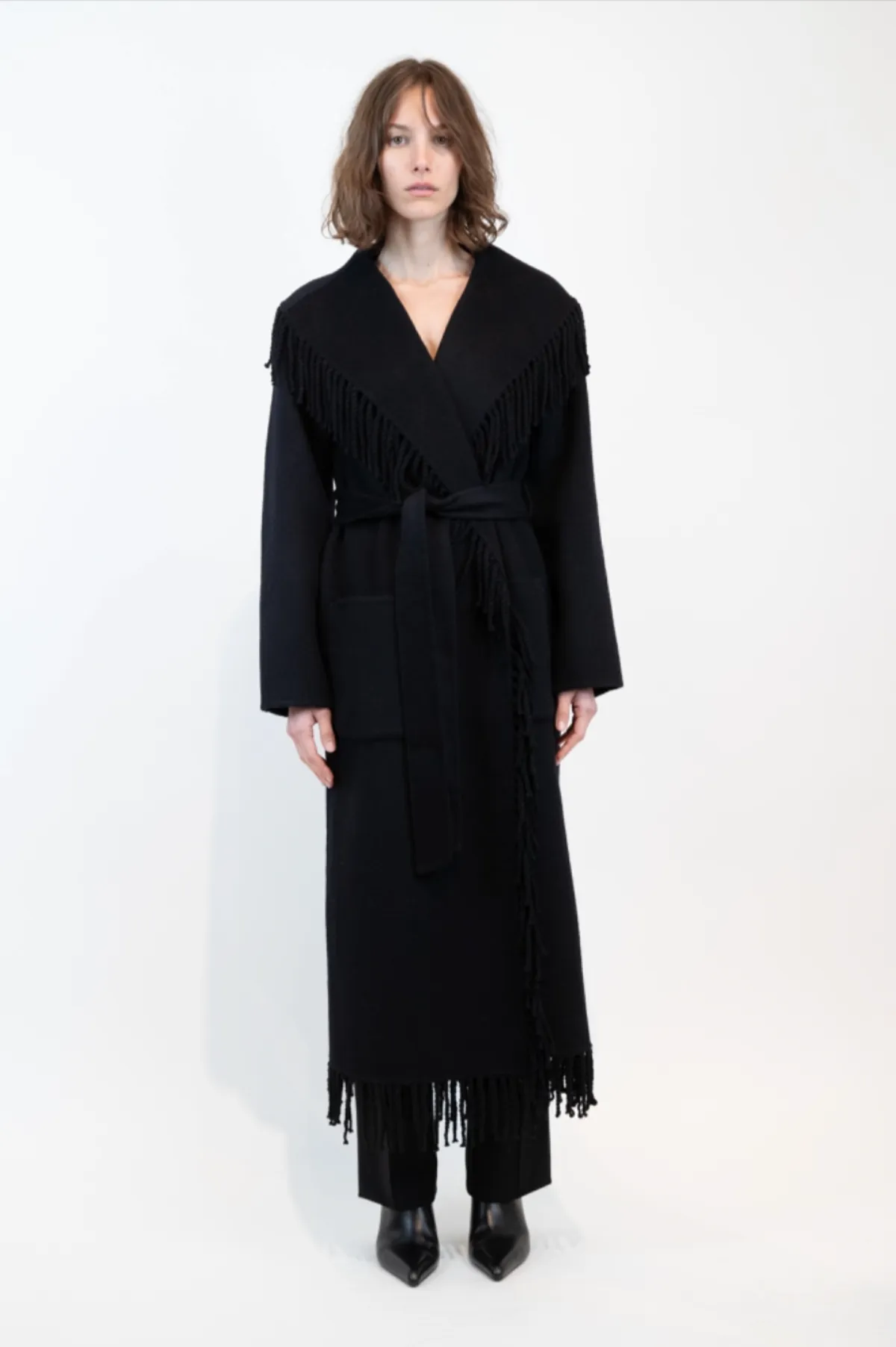 Carrie Wool Fringe Robe Coat - Black