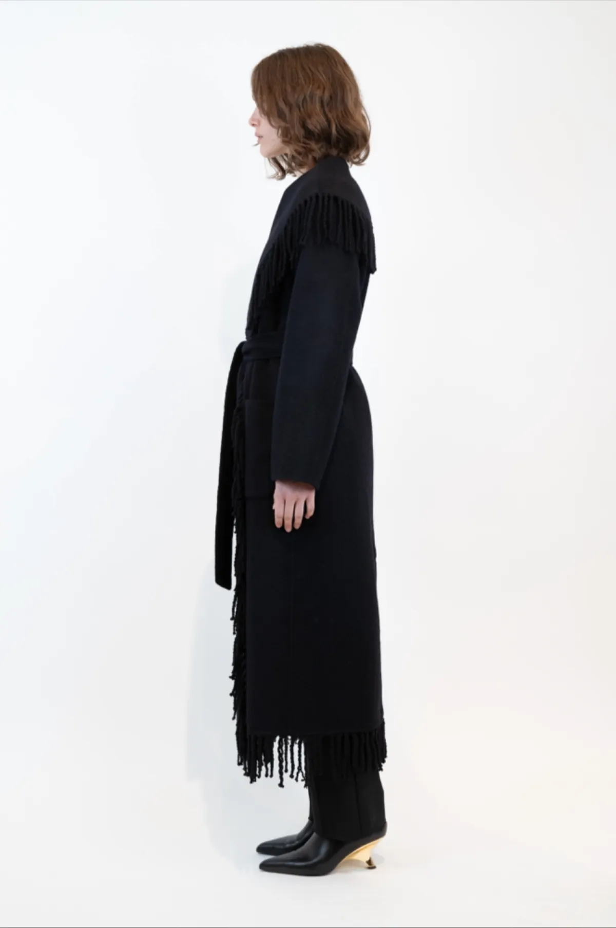 Carrie Wool Fringe Robe Coat - Black