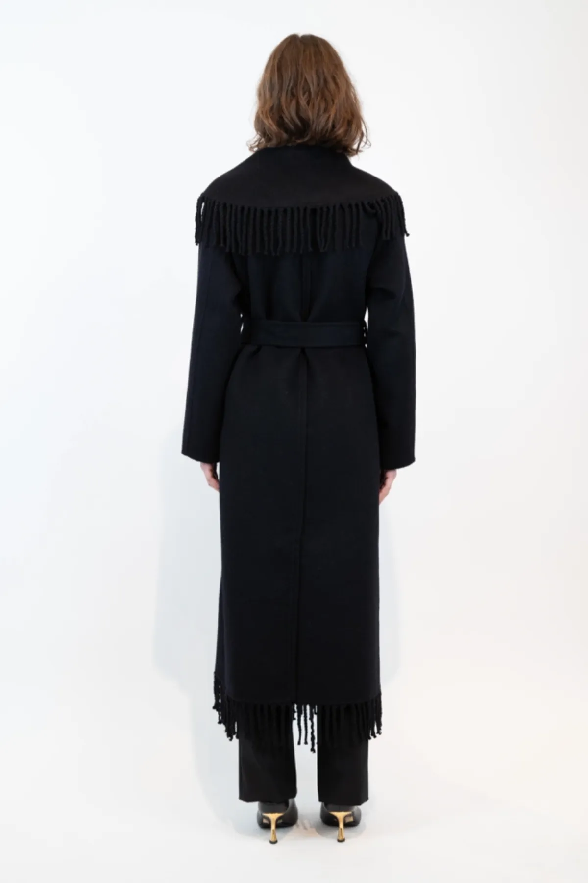 Carrie Wool Fringe Robe Coat - Black