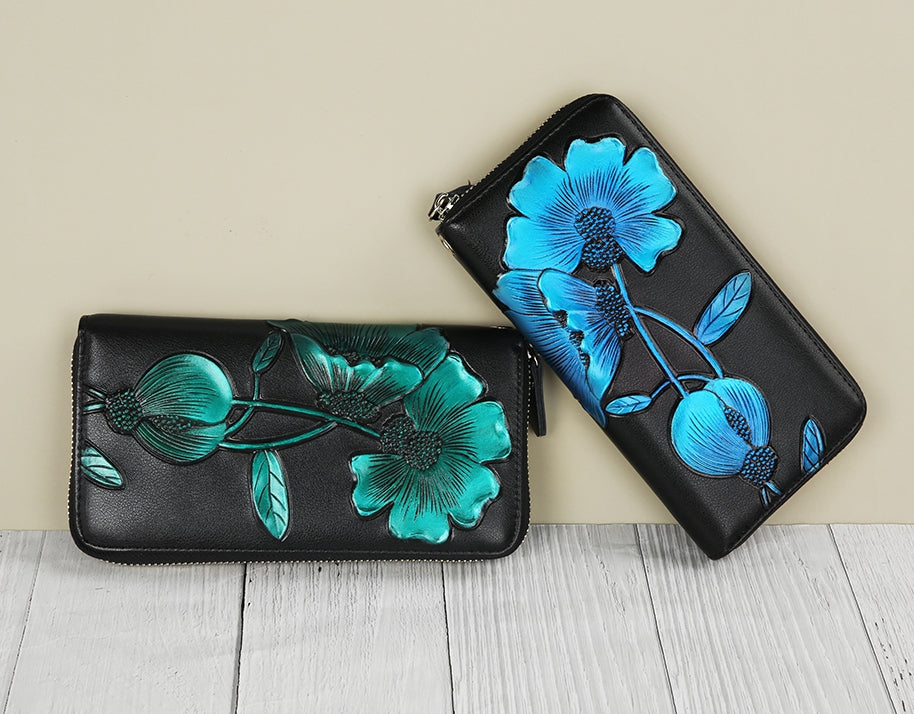 Elegant Floral Faux Leather Long Wallets Purses Zipper Closure Stylish Synthetic Flower