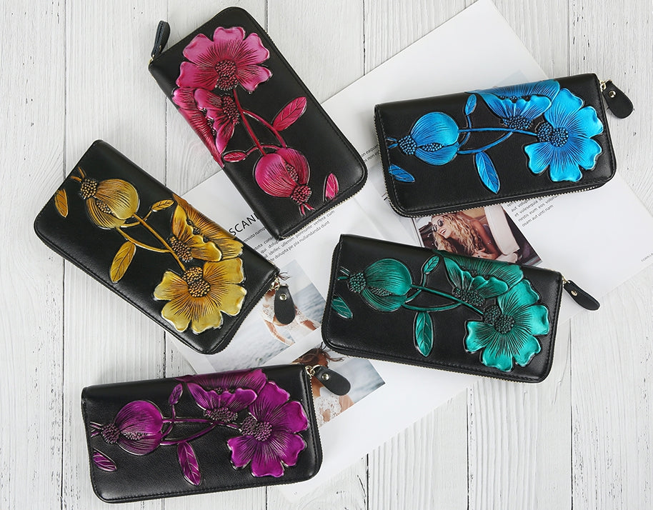 Elegant Floral Faux Leather Long Wallets Purses Zipper Closure Stylish Synthetic Flower