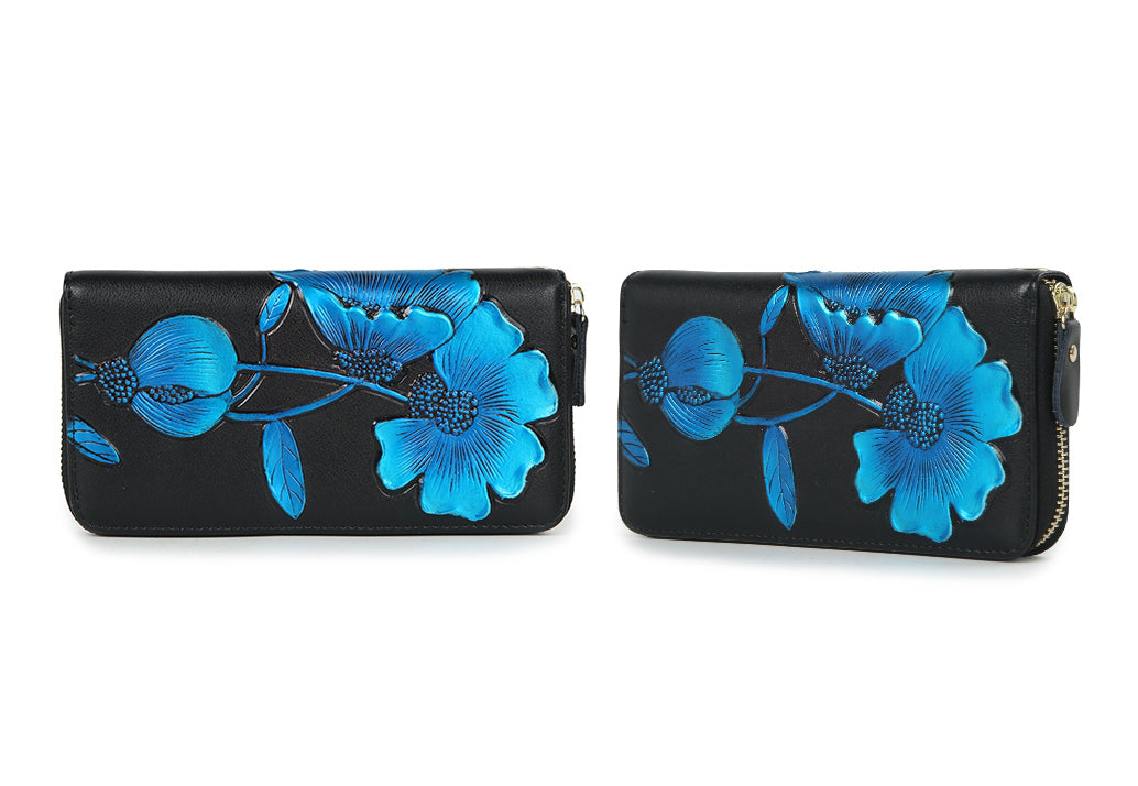 Elegant Floral Faux Leather Long Wallets Purses Zipper Closure Stylish Synthetic Flower