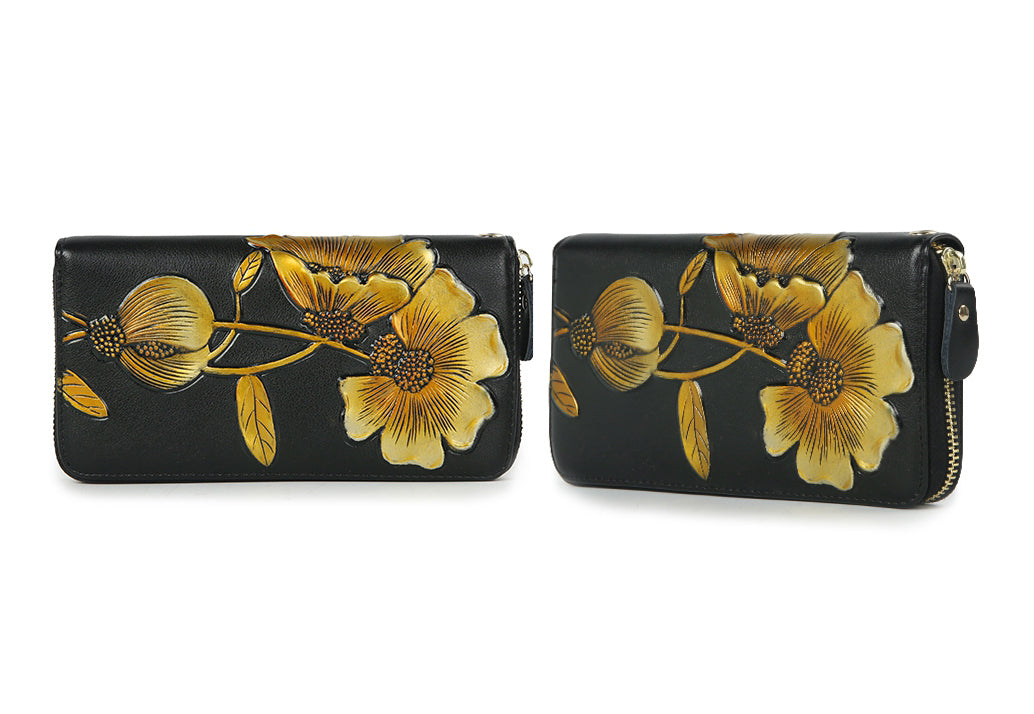 Elegant Floral Faux Leather Long Wallets Purses Zipper Closure Stylish Synthetic Flower