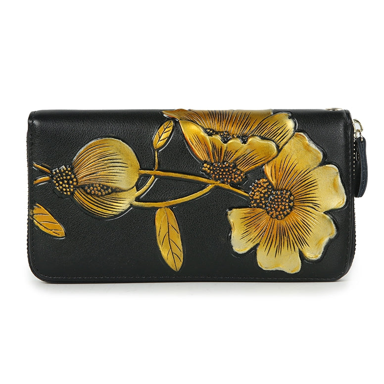 Elegant Floral Faux Leather Long Wallets Purses Zipper Closure Stylish Synthetic Flower