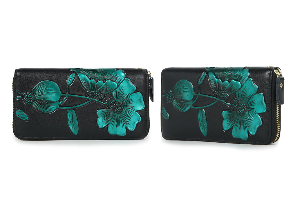 Elegant Floral Faux Leather Long Wallets Purses Zipper Closure Stylish Synthetic Flower