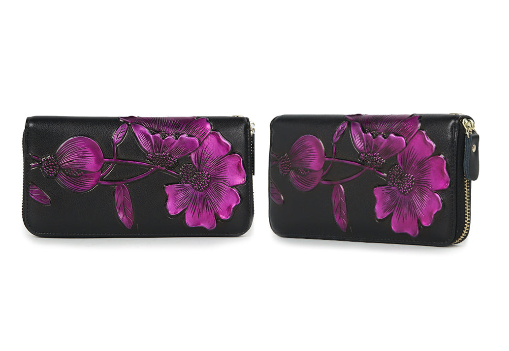 Elegant Floral Faux Leather Long Wallets Purses Zipper Closure Stylish Synthetic Flower