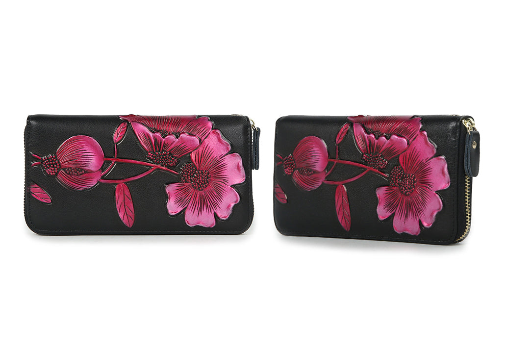 Elegant Floral Faux Leather Long Wallets Purses Zipper Closure Stylish Synthetic Flower