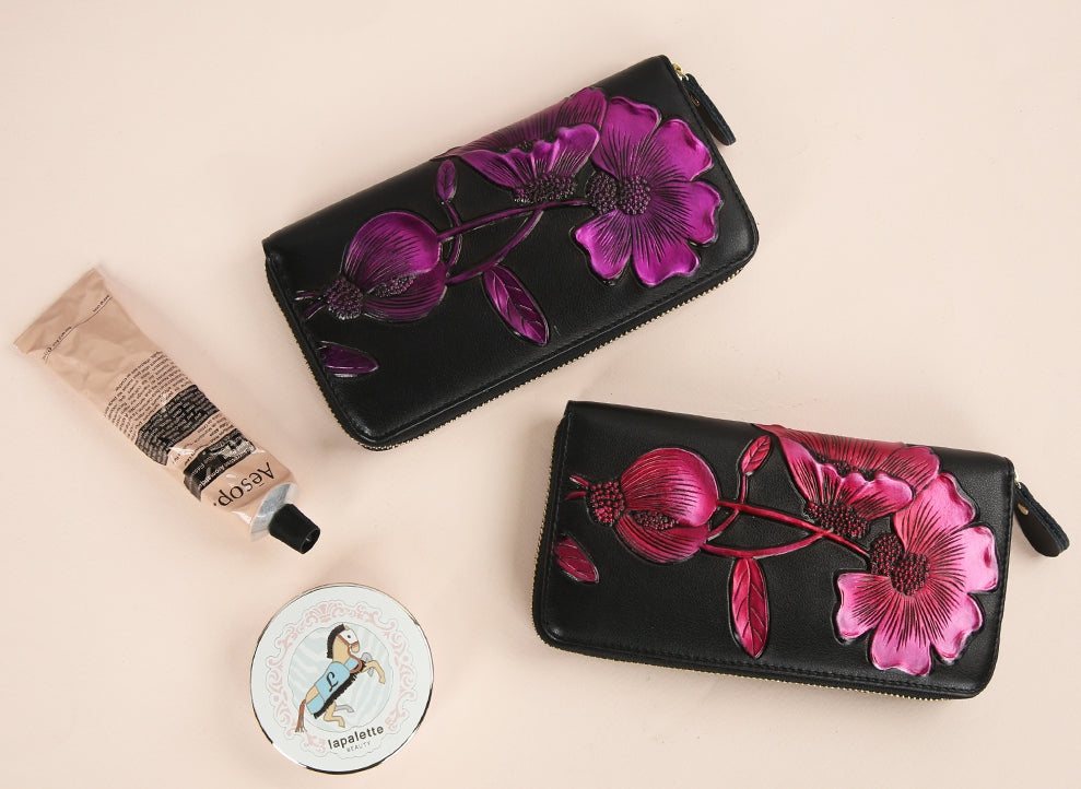 Elegant Floral Faux Leather Long Wallets Purses Zipper Closure Stylish Synthetic Flower