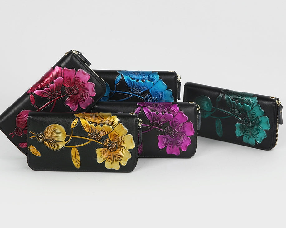 Elegant Floral Faux Leather Long Wallets Purses Zipper Closure Stylish Synthetic Flower