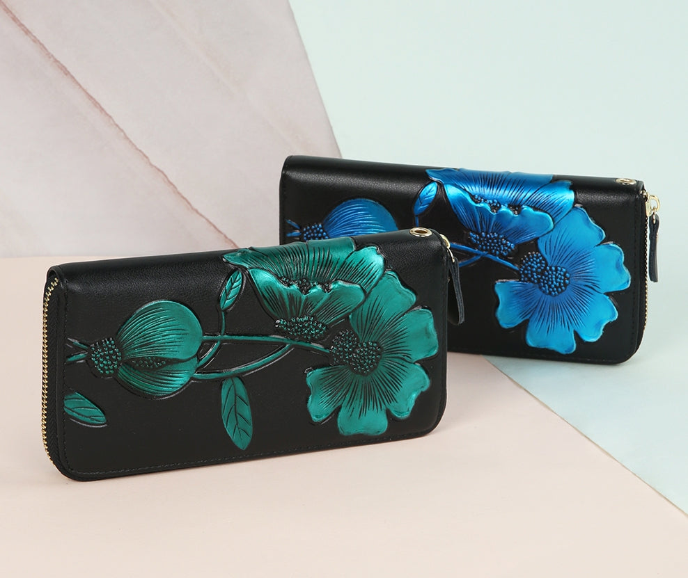 Elegant Floral Faux Leather Long Wallets Purses Zipper Closure Stylish Synthetic Flower