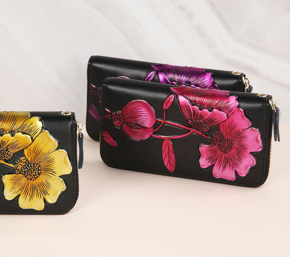 Elegant Floral Faux Leather Long Wallets Purses Zipper Closure Stylish Synthetic Flower