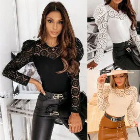 Fashion Solid Color Polyester Round Neck Long Sleeve Regular Sleeve Patchwork Lace T-shirt