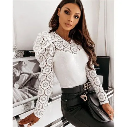 Fashion Solid Color Polyester Round Neck Long Sleeve Regular Sleeve Patchwork Lace T-shirt