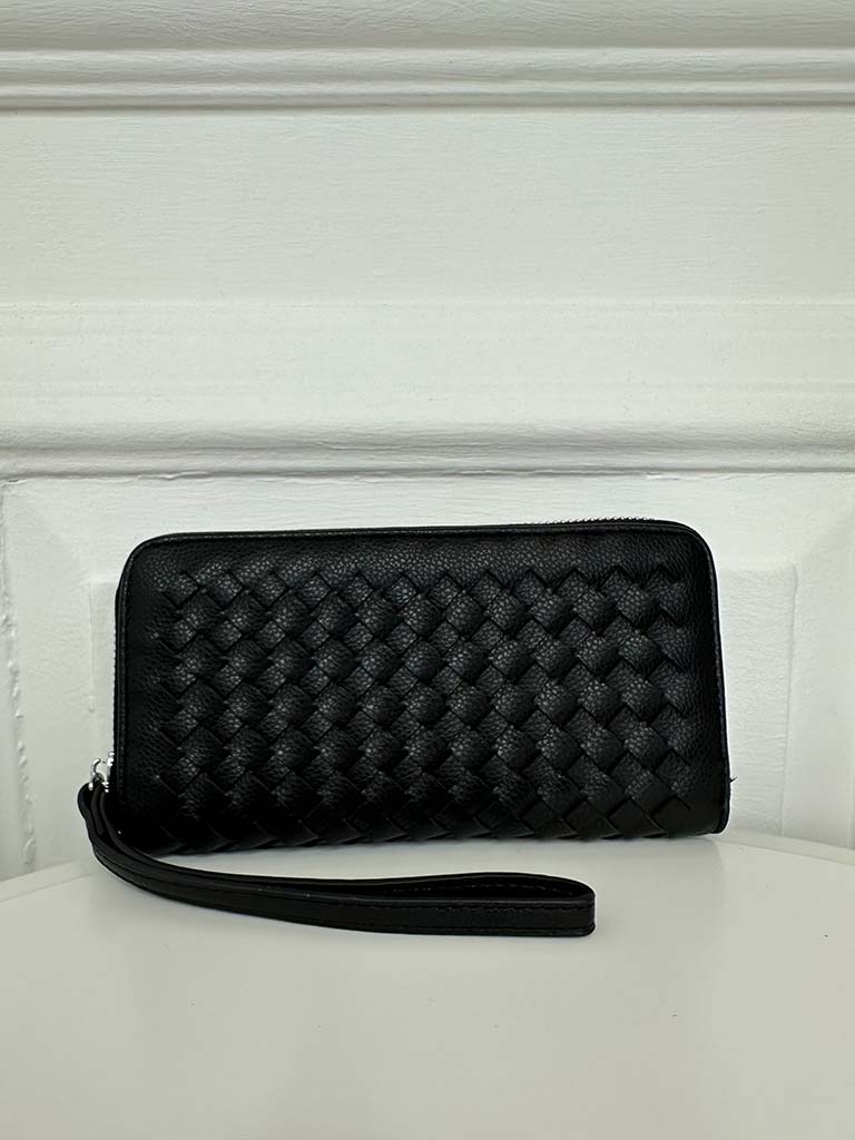 Faux Leather Woven Purse - Black