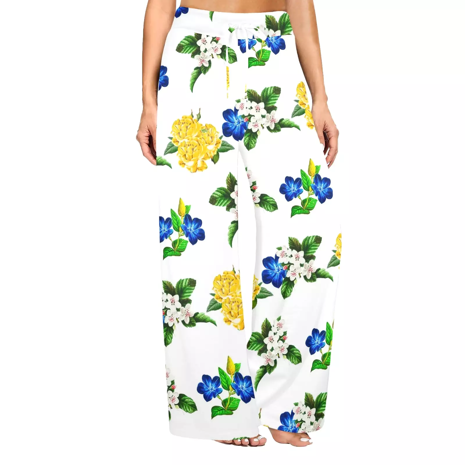 floral blue gold white print 4 Women's Wide Leg Lounge Pants (Model L77)