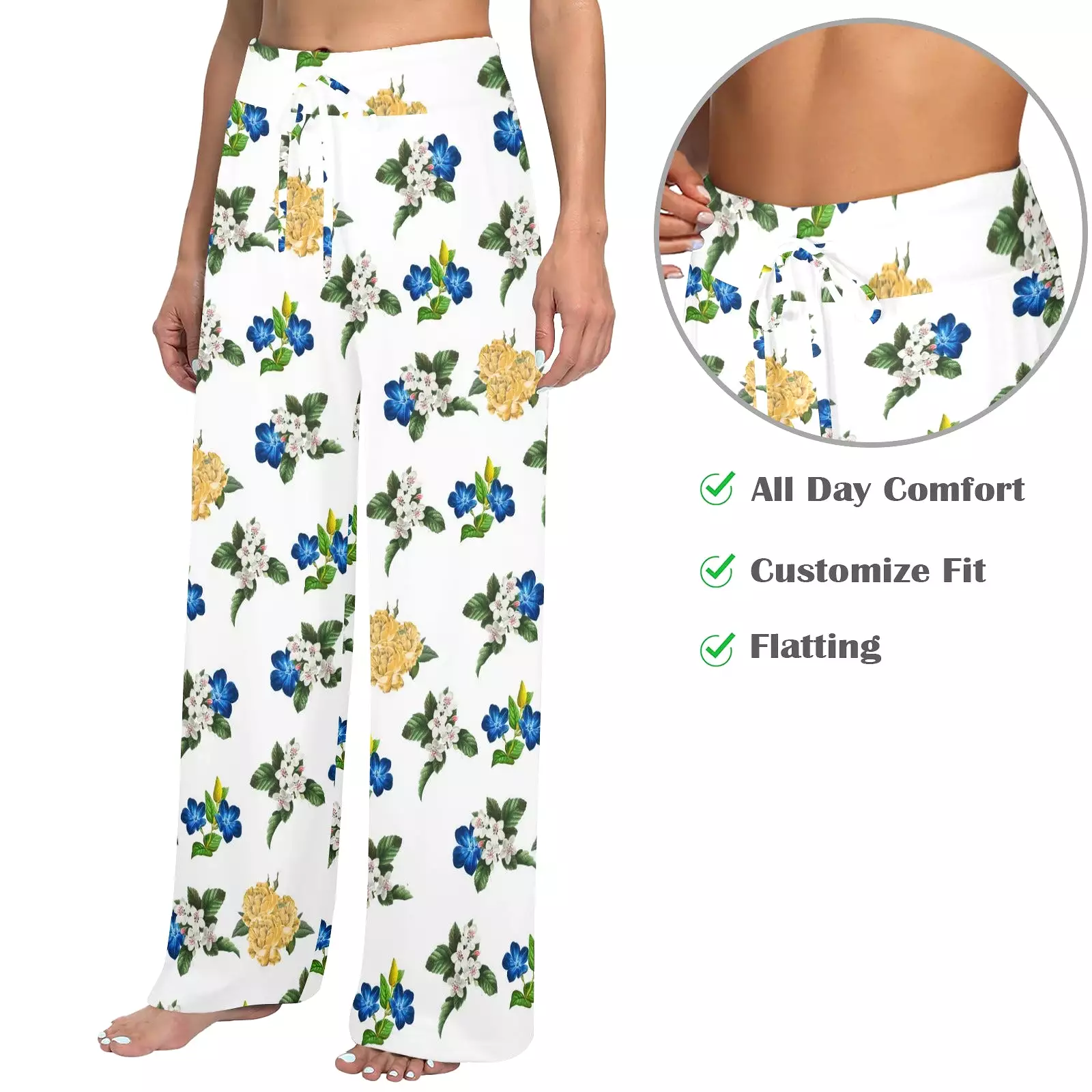 FLORAL BLUE WHITE GOLD MD Women's Wide Leg Lounge Pants (Model L77)