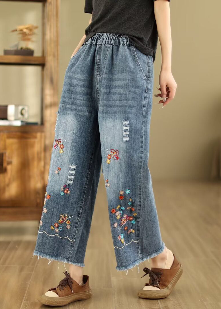 French Blue Embroidered Elastic Waist Denim Crop Pants Summer QA1095