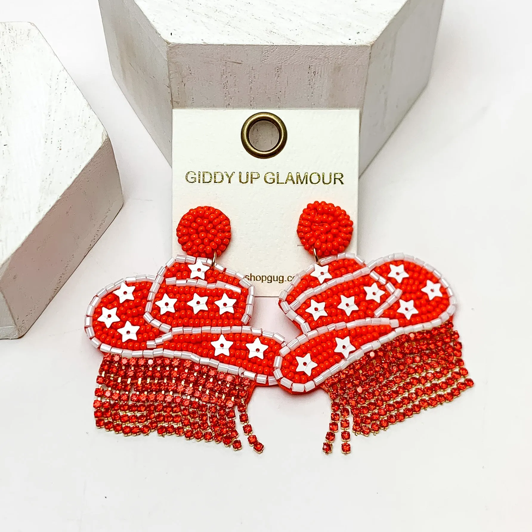 Gameday Beaded Cowboy Hat Earrings with White Crystal Fringe in Orange and White