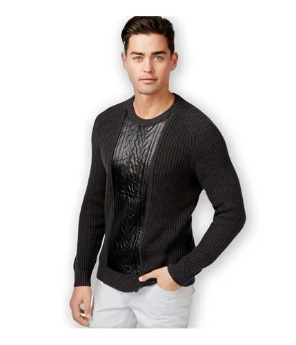 I-N-C Mens Faux Leather Cable Knit Pullover Sweater, TW2