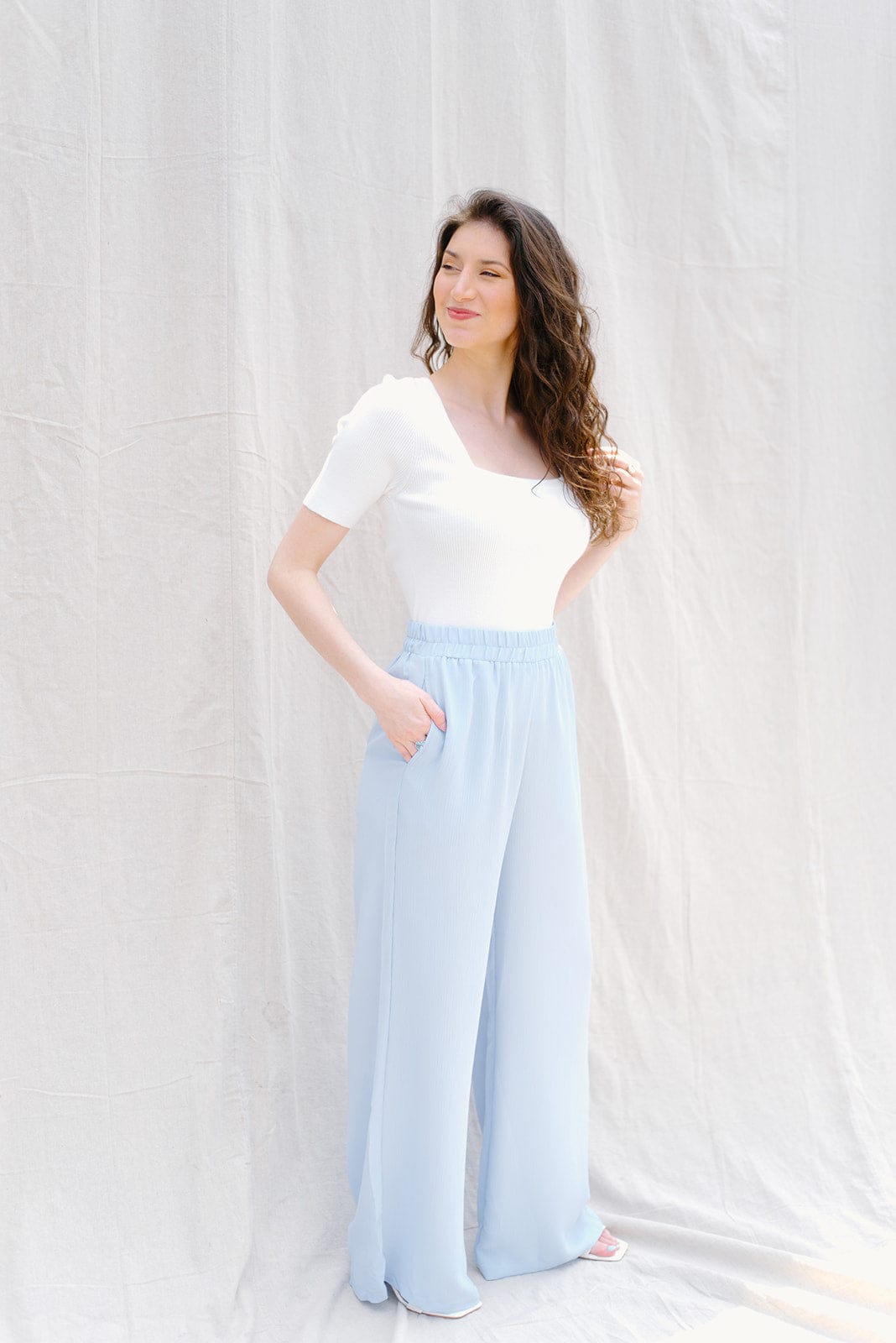 Light Blue Elastic Waist Flowy Pants