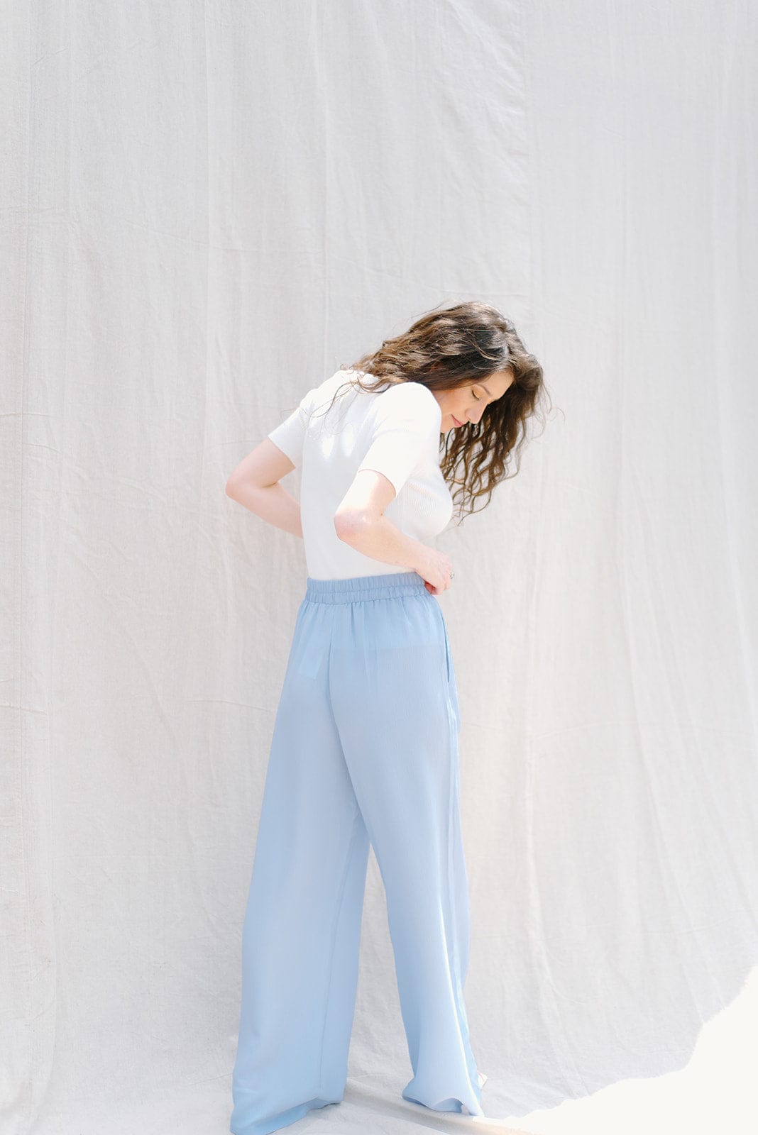 Light Blue Elastic Waist Flowy Pants