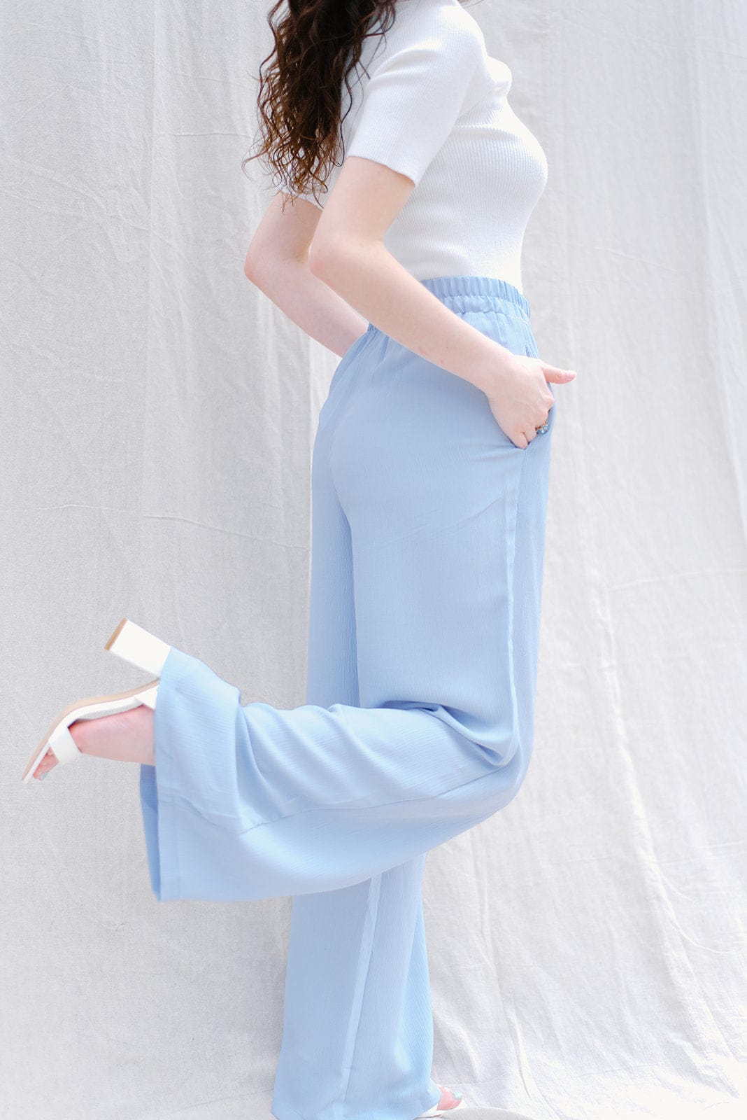 Light Blue Elastic Waist Flowy Pants