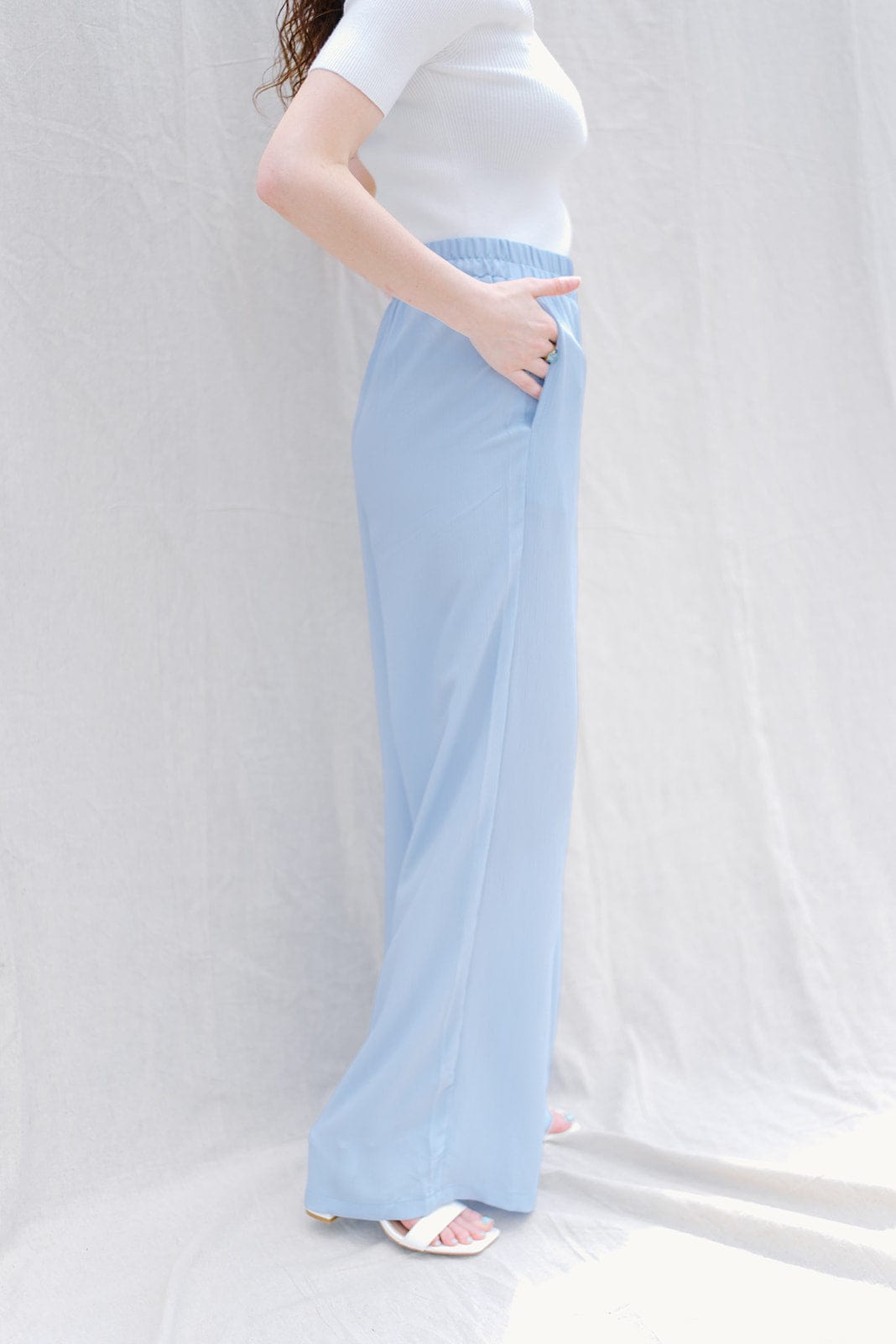 Light Blue Elastic Waist Flowy Pants