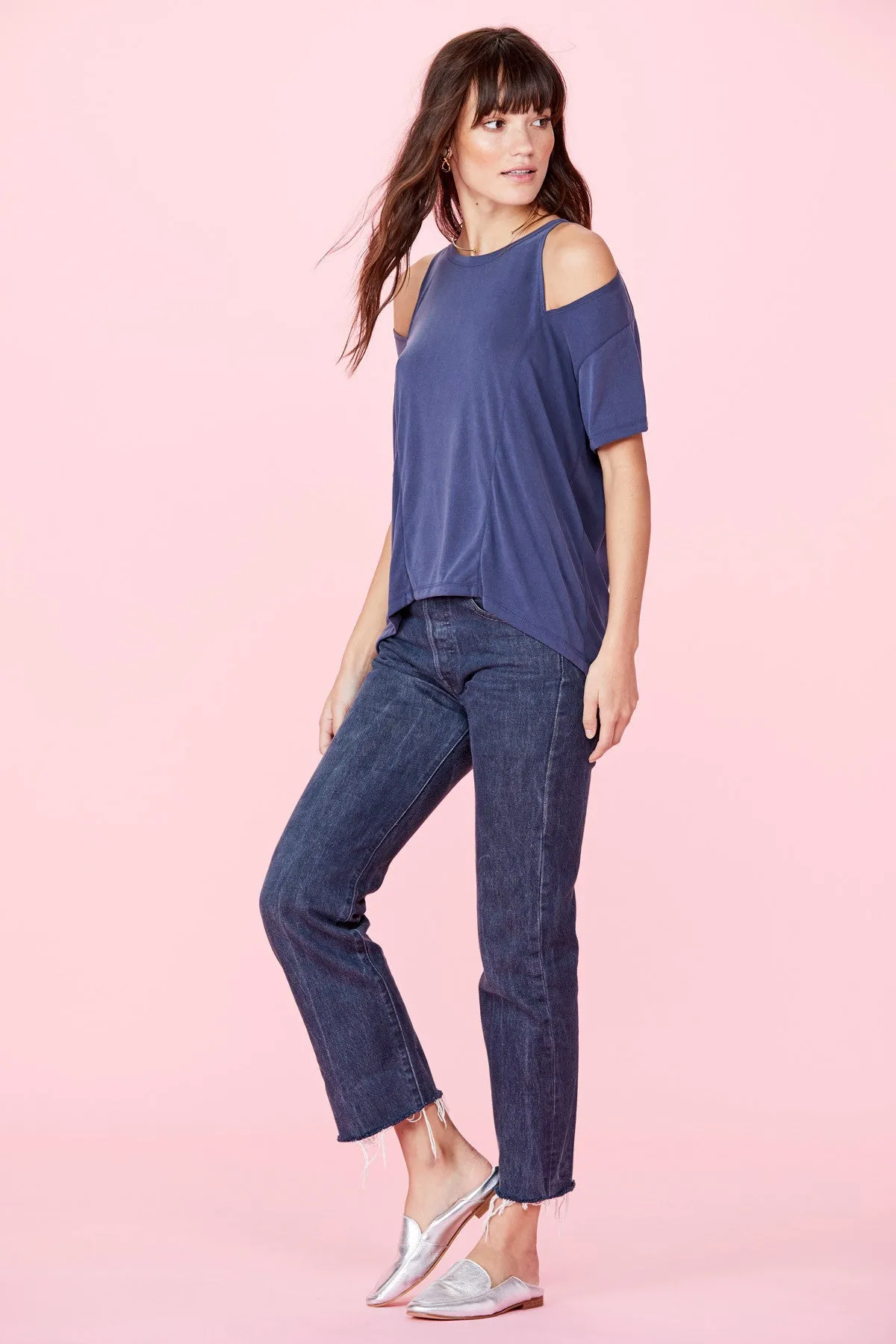 LNA Short Sleeve Slice Top Sueded Navy