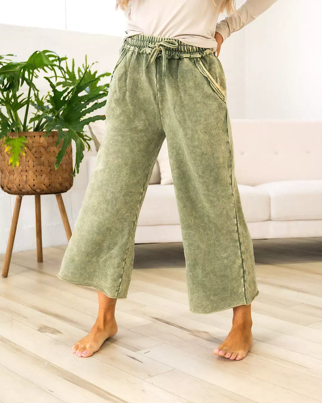 Mineral Wash Wide Leg Lounge Pants - Ash Olive