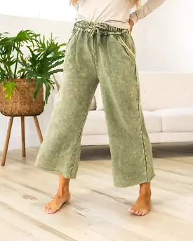 Mineral Wash Wide Leg Lounge Pants - Ash Olive